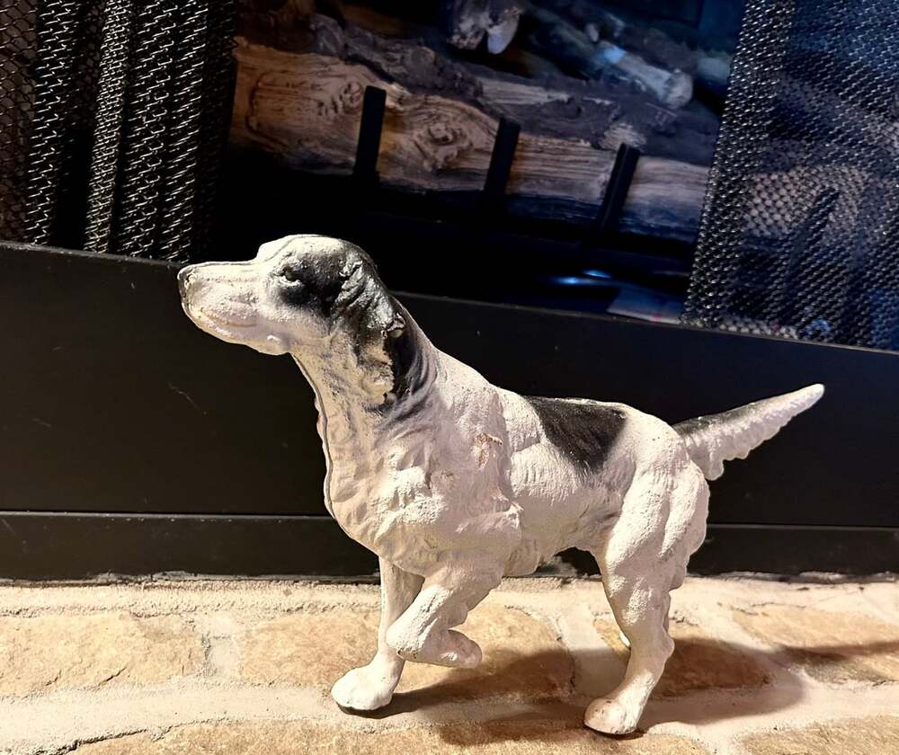 Antique Cast Iron Hunter Pointer Dog Door stop black and white decor READ
